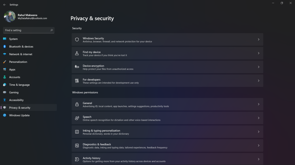 Windows 11 privacy and security Setting