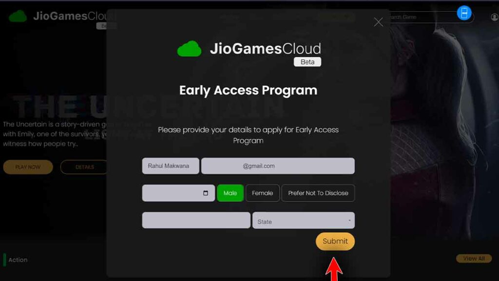 Jio Cloud Gaming Sign up Page