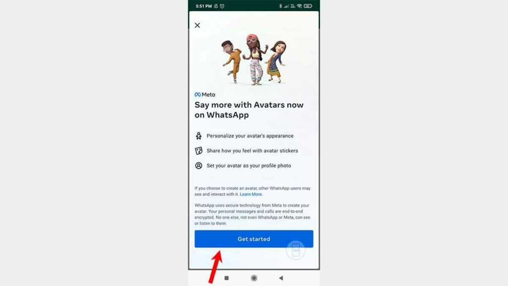 WhatsApp Avatar terms and conditions Setup Page