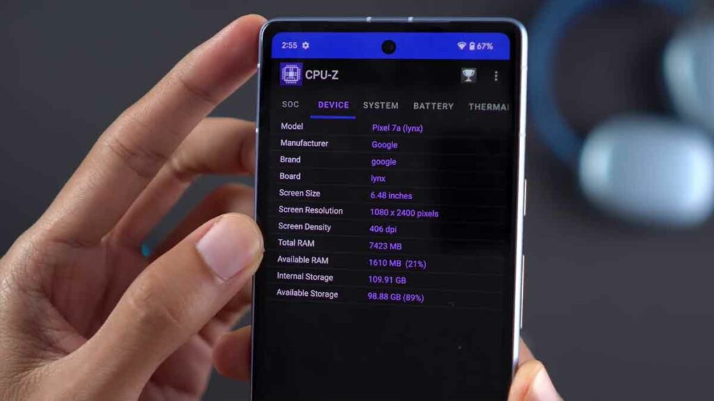 Pixel 7a CPU Z App Device Info