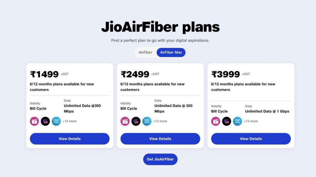 JioAirFiber Max Plan List